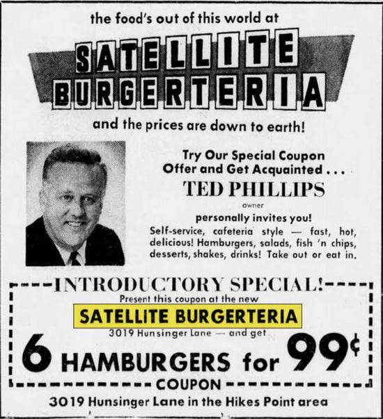 Satellite Burgerteria (Schwarzs Chuck Wagon, Charlies Chuck Wagon) - June 1969 Ad From Louisville Kentucky (newer photo)
